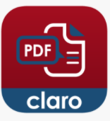 Claro pdf pro app logo red square with a PDF paper icon and the works PDF and Claro written on the bottom 