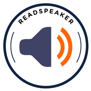 Readspeaker icon blue speaker icon in black circle.