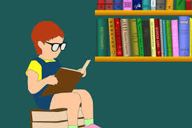 child sitting readign a book with glasses on, books on a shelf in the background