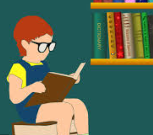 child sitting reading a book with shelf of books in the background