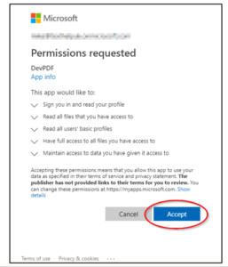 Permissions listed with the button to accept