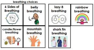 Breathing Choices Belly breathing, lazy 8 breathing, mounting breathing, Shark fin breathing, rainbow breathing, 6 side breathing, candle flower breathing