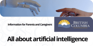 ai for parent and caregivers cover image text on white background with robot hand touching human hand