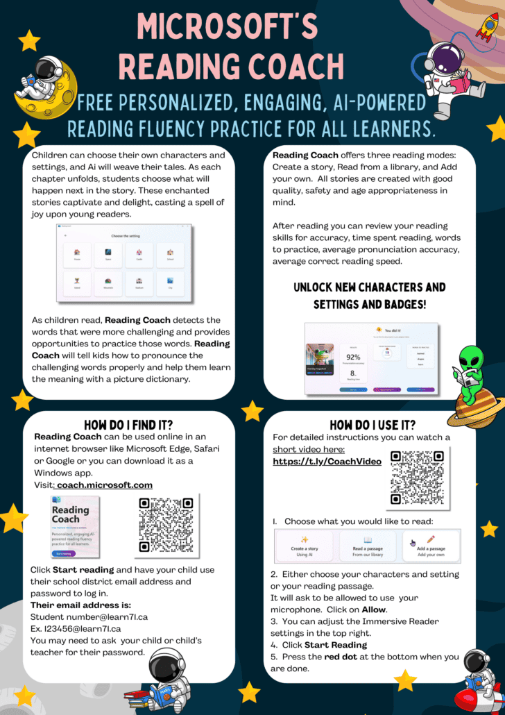 Instructions for using Reading Coach. Click on the image to open a printable copy.