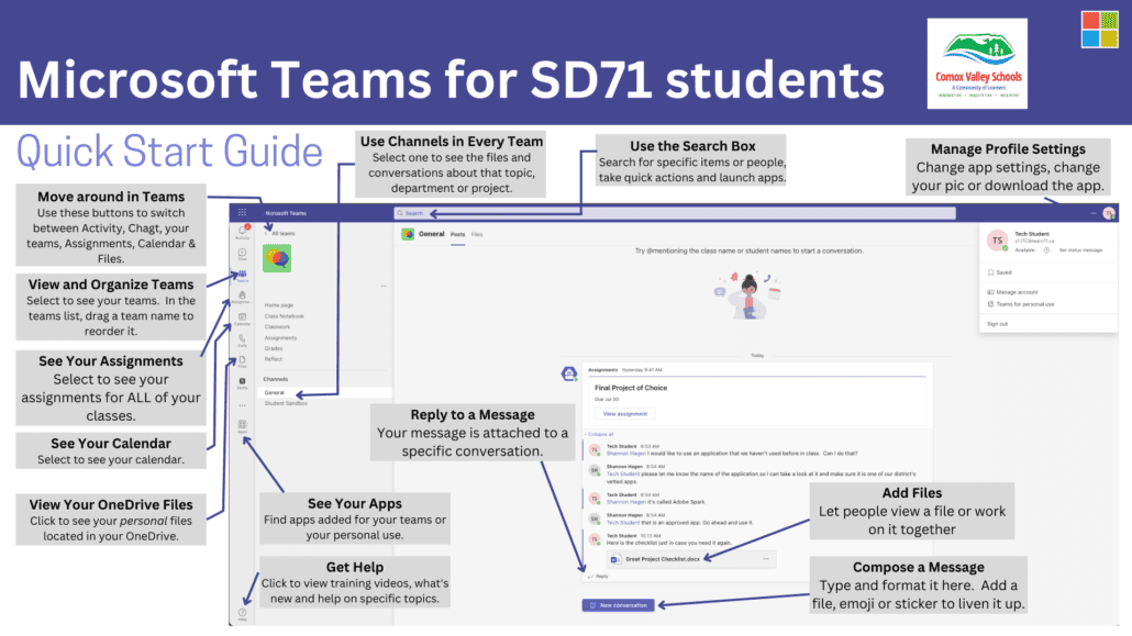 Screen shot of a Microsoft Teams visual to show students how to navivate Teams.