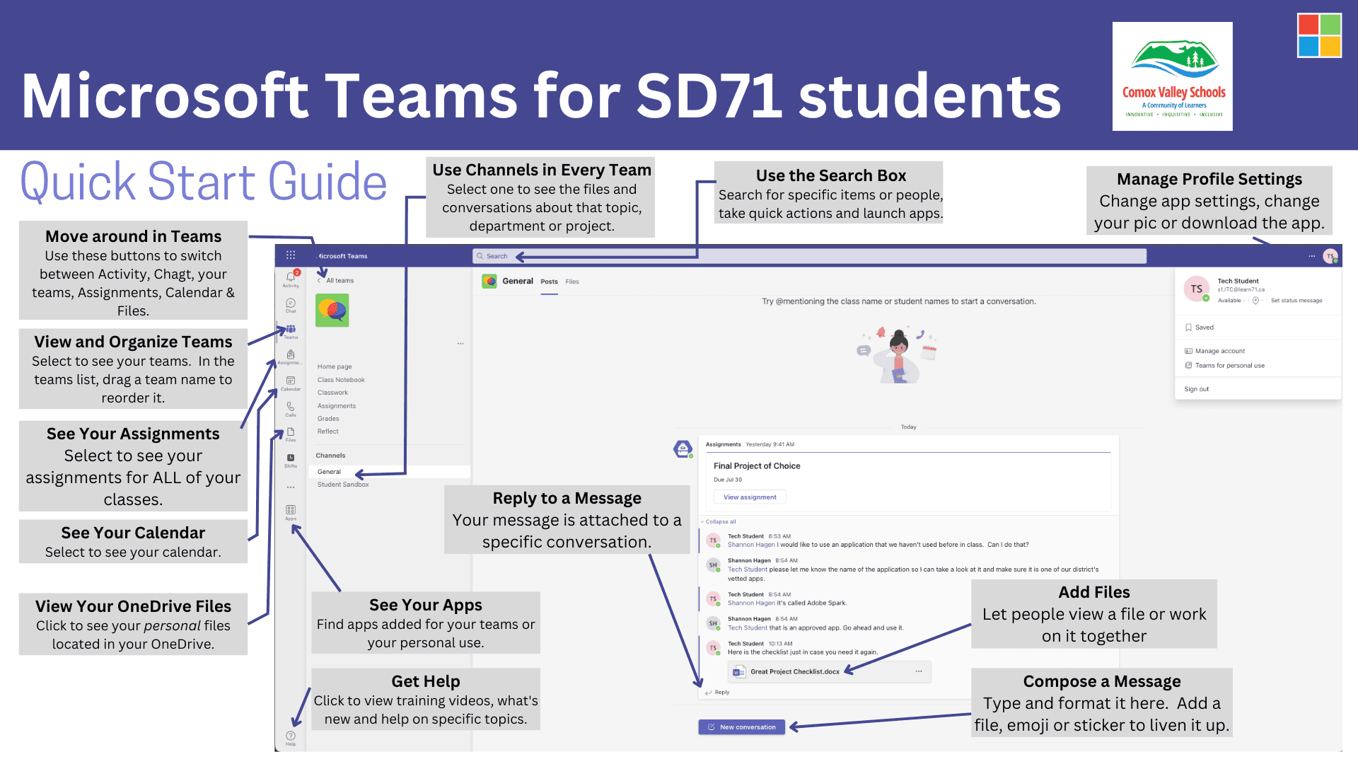 microsoft teams for students screenshot purple writing on white background of a visual tour of the landing page