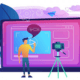 screencasting pink screen with graphic human in front with camera