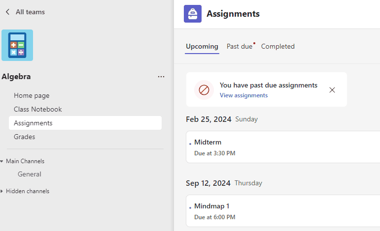 screen shot of assignments in teams