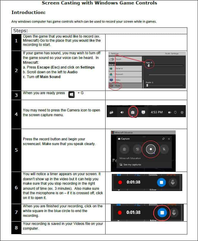 Instructions for how to screen cast with windows + G