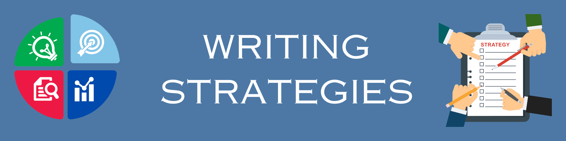 writing strategy header - blue background with four quandrand mulicolour icon.