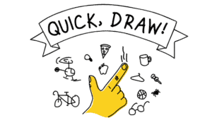 quick draw text with sketched items with yellow hand 