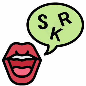 Mouth open with a speech bubble with the letters S R K in the bubble