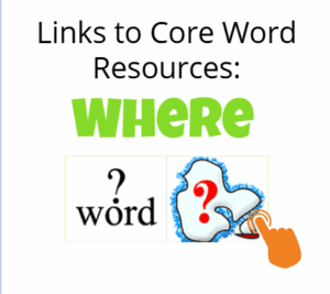 cover image for core word: Where - image of questions mark with word where with finger to indicate clicking link.