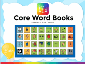 Book creator core word cover image with icon of book creator (multicoloured square) with text 
