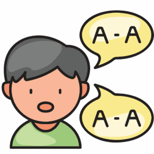 boy with head and shoulders facing forward, mouth open and 2 speech bubbles with AA in both 