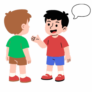 2 boys facing each other talking with a speech bubble over on of their heads