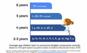 on the left ages 2-3, 4 ,5,6 and the letters and sounds on the right 2-3 p,b,m,d,n,h,t,k,g,w,ng,f,y 4 l,j,ch,s,v,sh,z 5 r,zh,th (voiced) 6 th