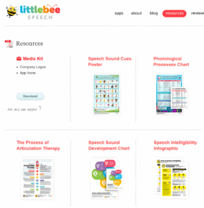 screenshot of littlebee website resources: images of worksheets for sound cues, phonological chart, articulation chart