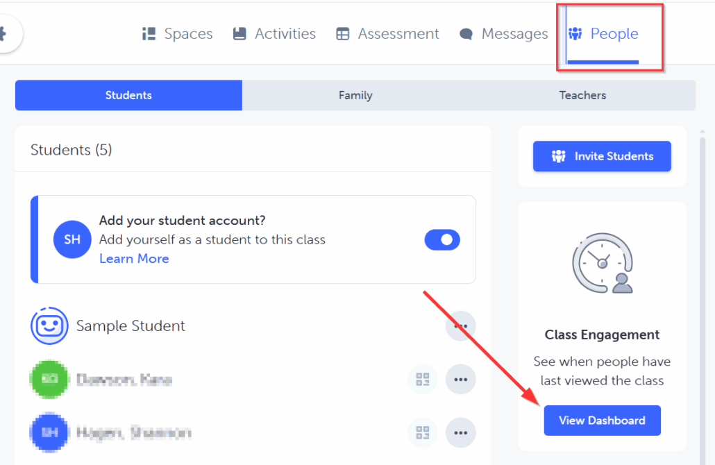 screenshot of SpacesEDU family engagement dashboard button