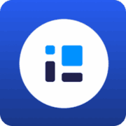 spaces edu icon. blue rectangle with white circle containing blue and black geometric rectangles