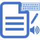 writing icon: a white paper with blue lines with keyboard, pen audio icon on the side