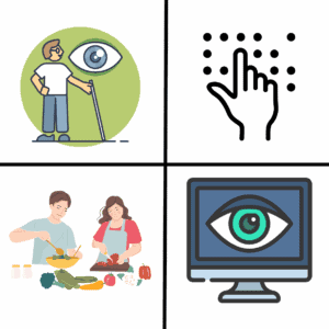4 quadrant / person with a white cane, braille, 2 people cooking, computer with eye