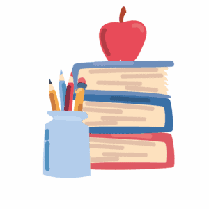 3 books, apple on top pencil jar with pencils in it