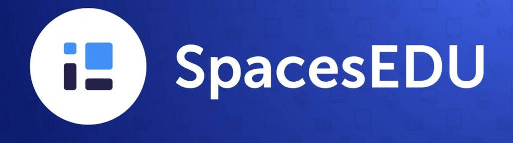 spacesedu logo. blue rectangle with white circle enclosing blue graphic rectangles. the words spacesedu is alo in the rectangle in white font.