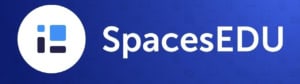 spacesedu logo. blue rectangle with white circle enclosing blue graphic rectangles. the words spacesedu is alo in the rectangle in white font.