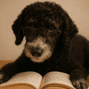 image of dog reading a book