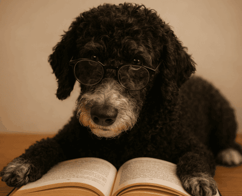 image of dog reading a book