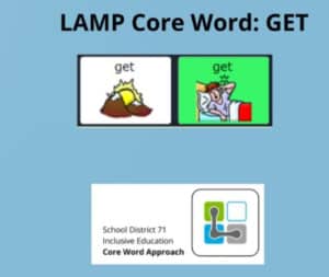 LAMP Core Word Get Book Get icon mountains and sun and person waking up in bed 