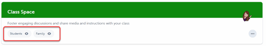 Class space with Students and Family highlighted