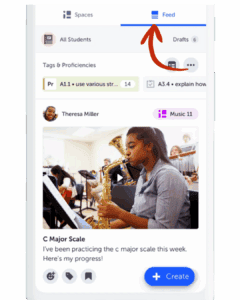Screenshot displaying feed in Spaces - girly in a band blowing on a saxiphone