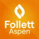 Orange square with white writing: Follett Aspen