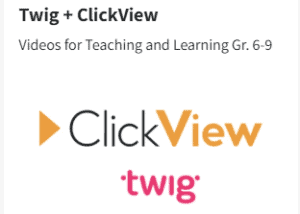 white rectangle with text Clickview with twig underneath all to the right of a yellow play button