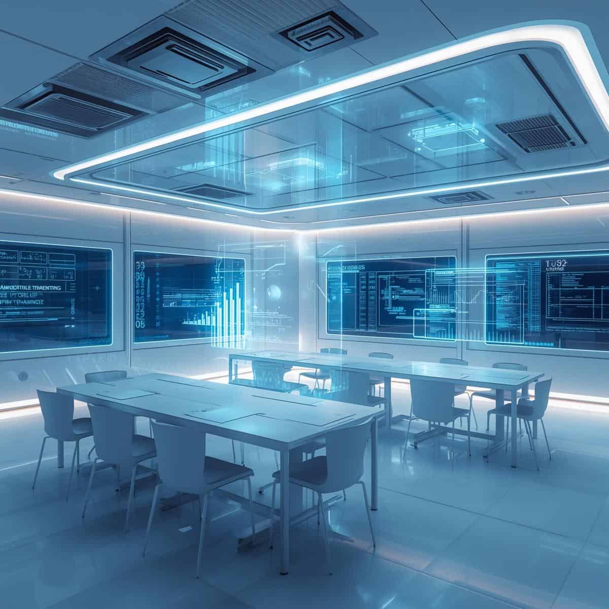 futuristic image of a classroom with two tables and screens around