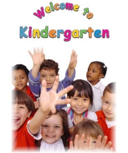 Welcome to kindergarten colourful text with young children reaching out and looking at you