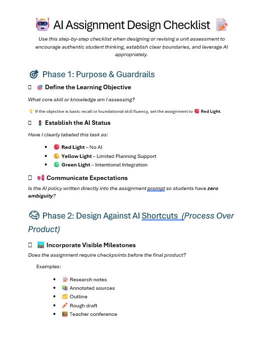 screenshot of word document of teacher ai design checklist