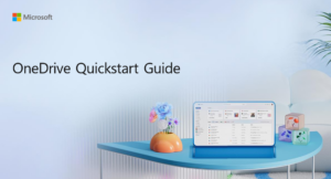 OneDrive quick start guide - light blue background with graphic image of laptop