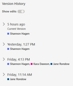 version history printscreen showing Author, time stamp and content