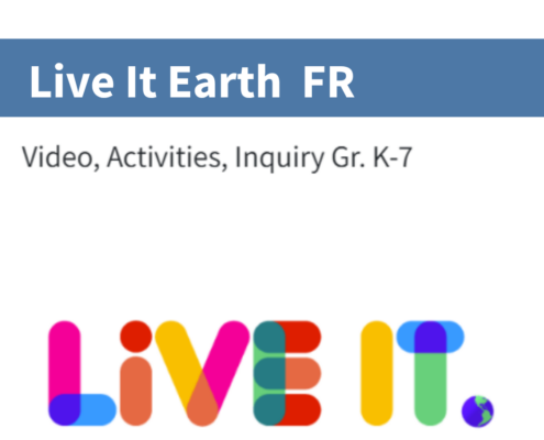 Live it Earth FR click it earth cover image white rectangle with mulitcoloured text "Live It".