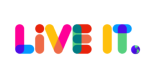 white rectangle with multicolour text 