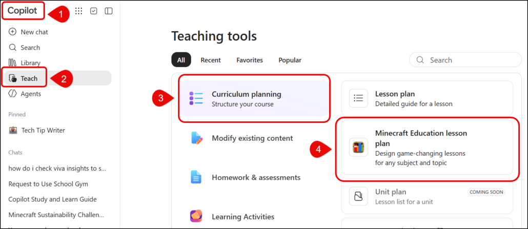 Go to Copilot, click on Teach then click on Curriculum Planning. Then click on Minecraft Education Lesson